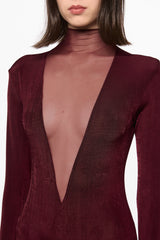 Wine bodysuit with a deep V-neck
