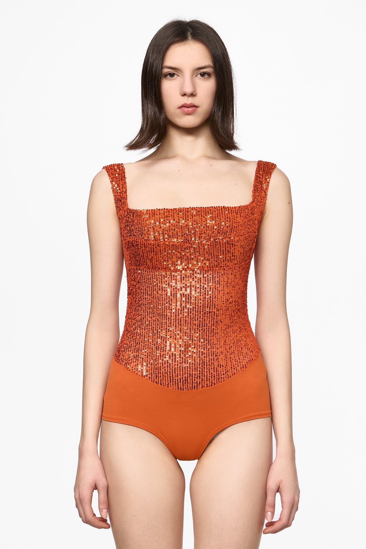 Orange sequin square neck bodysuit