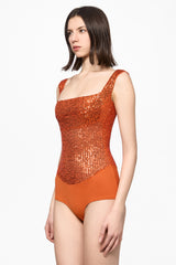 Orange sequin square neck bodysuit