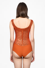 Orange sequin square neck bodysuit