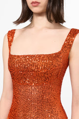 Orange sequin square neck bodysuit