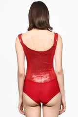 Red sequin square neck bodysuit