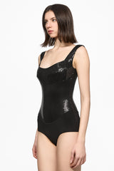 Black sequin square neck bodysuit