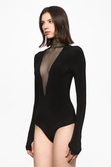 Black bodysuit with a deep V-neck