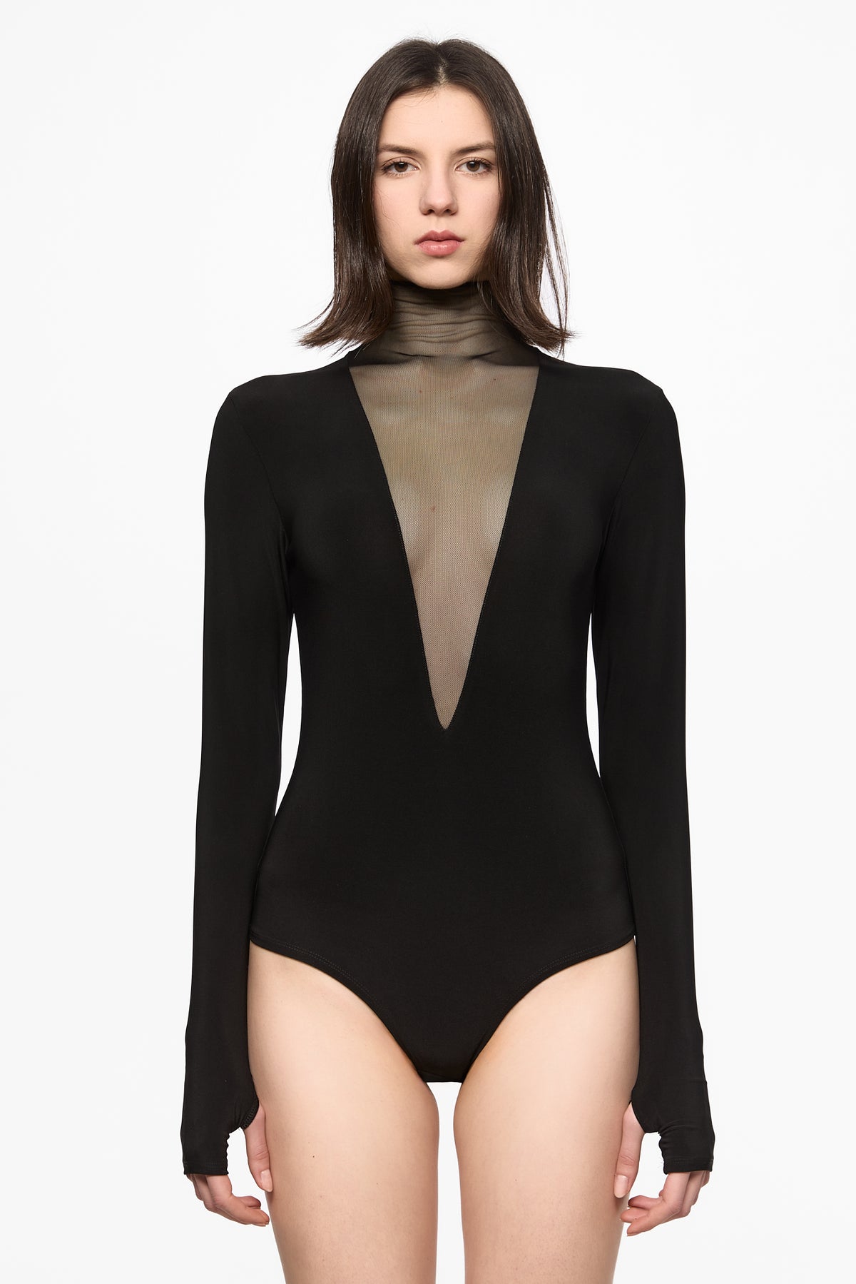 Black bodysuit with a deep V-neck