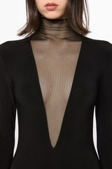 Black bodysuit with a deep V-neck