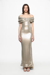 Silver off shoulder sequin gown