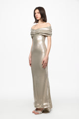 Silver off shoulder sequin gown