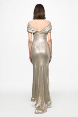 Silver off shoulder sequin gown