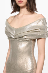 Silver off shoulder sequin gown