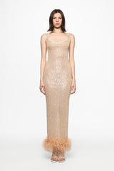 Nude sequin midi dress with feather trim