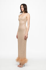 Nude sequin midi dress with feather trim