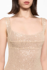 Nude sequin midi dress with feather trim