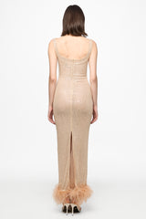 Nude sequin midi dress with feather trim