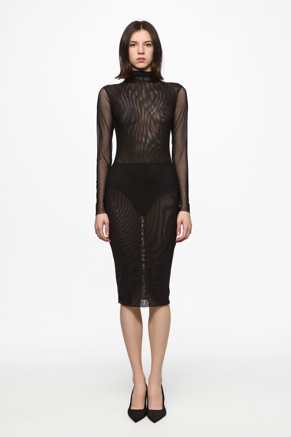 Black mesh bodysuit and skirt set