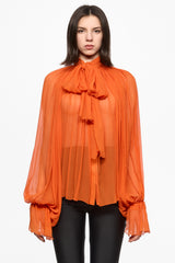 Orange Chiffon Shirt With Attached Scarf