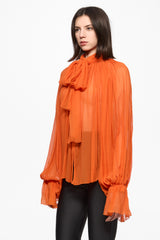 Orange Chiffon Shirt With Attached Scarf