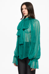Pine Green Chiffon Shirt With Attached Scarf