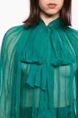 Pine Green Chiffon Shirt With Attached Scarf