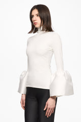 White high-neck bell-sleeve top