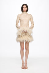 Mini dress in vanilla with feather applications