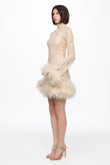 Mini dress in vanilla with feather applications