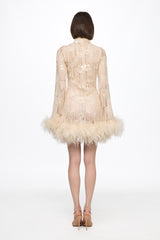 Mini dress in vanilla with feather applications
