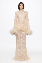 Long sleeved dress in vanilla with feather applications