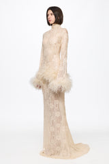 Long sleeved dress in vanilla with feather applications