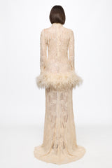 Long sleeved dress in vanilla with feather applications