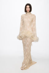 Long sleeved dress in vanilla with feather applications