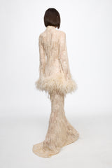 Long sleeved dress in vanilla with feather applications