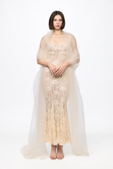 Corset bra cream sequined midi dress with veil