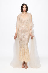 Corset bra cream sequined midi dress with veil