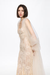 Corset bra cream sequined midi dress with veil