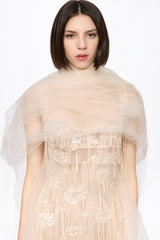 Corset bra cream sequined midi dress with veil