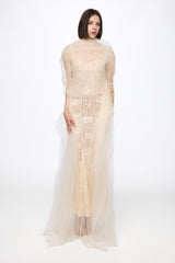 Corset bra cream sequined midi dress with veil