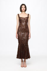 Corset bra sequined midi dress in chocolate brown