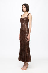 Corset bra sequined midi dress in chocolate brown