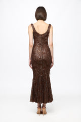 Corset bra sequined midi dress in chocolate brown