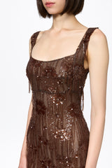 Corset bra sequined midi dress in chocolate brown
