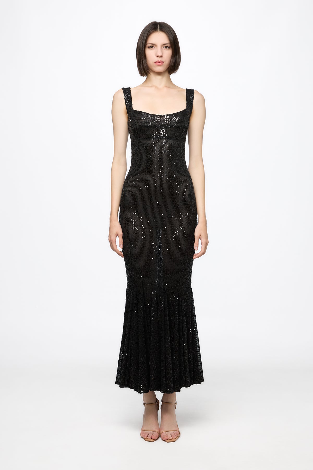 Corset bra sequined midi dress in black