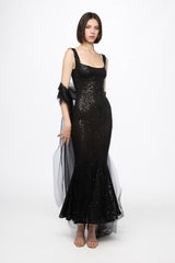 Corset bra sequined midi dress in black with tulle shawl