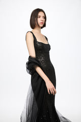 Corset bra sequined midi dress in black with tulle shawl