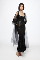 Corset bra sequined midi dress in black with tulle shawl