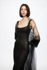 Corset bra sequined midi dress in black with tulle shawl