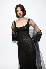 Corset bra sequined midi dress in black with tulle shawl