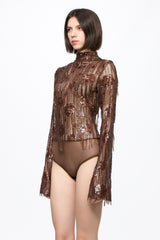 Long sleeved bodysuit in chocolate brown