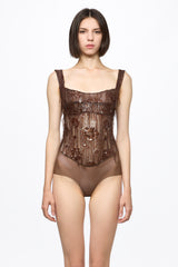 Sequin corset bodysuit in chocolate brown