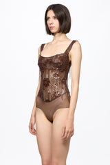 Sequin corset bodysuit in chocolate brown